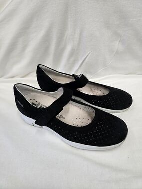 Mephisto Black Suede Mary Jane Flats with White Sole